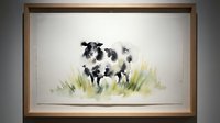 Watercolor painting of black and white cow standing in green grass field, framed artwork displayed on wall for home decor and interior design.