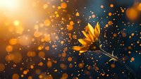 Yellow wildflower against dark blue background with magical golden bokeh lights and sparkles creating dreamy atmospheric nature photography for wall art and greeting cards.