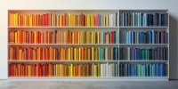 Colorful books arranged in rainbow spectrum order on white modern bookshelf against neutral wall, creating vibrant gradient display in contemporary interior space.