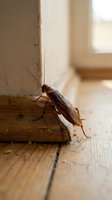 Brown cockroach crawling on wooden floor near white wall corner in residential interior requiring pest control and extermination services.