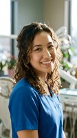 Young woman with curly brown hair and warm smile wearing blue shirt in bright office with plants, ideal for healthcare, wellness, and professional business concepts.