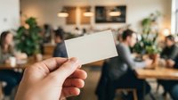 Hand holding blank white business card in modern coworking office space with blurred people working at desks in background for professional branding mockup.