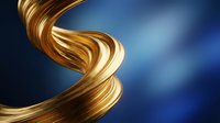 Golden liquid metal ribbon twisting in dynamic motion against soft blue gradient background, suitable for luxury branding and premium design projects.