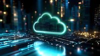 Glowing neon cloud symbol over digital network with blue light trails and bokeh effects, representing cloud computing and data technology in modern business.