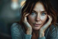 Captivating close-up portrait of young Caucasian woman with striking blue eyes and natural makeup wearing grey sweater, hands framing face with gentle smile.