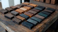 Artisanal soap bars arranged in rows on rustic wooden surface, showcasing natural colors from charcoal black to earthy browns, featuring textured patterns and organic designs.