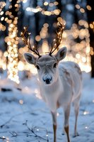 Young white deer with glowing antlers standing in snowy forest against magical bokeh lights background, creating enchanting winter holiday atmosphere.
