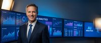Professional middle-aged Caucasian businessman in dark suit standing confidently in modern analytics control room with multiple data visualization screens.