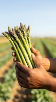 Farmer holding fresh asparagus bunch in field during harvest season, showcasing organic vegetable production and agricultural work.