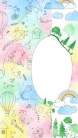 Watercolor frame with houses, trees, rainbows and hot air balloons on pastel background. Oval white space for text or design elements in center.
