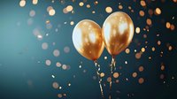 Golden balloons floating against dark teal background with festive bokeh lights creating celebratory atmosphere for party or anniversary event.