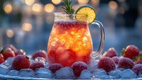 Refreshing summer cocktail with strawberries, orange slice and rosemary garnish in glass pitcher surrounded by ice and fresh berries against bokeh lights.