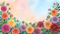 Colorful dahlia flowers border frame on pastel watercolor background for greeting cards, invitations and floral design projects.