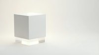 Minimalist white cube with soft glowing light underneath on neutral background for modern interior design and product display concepts.