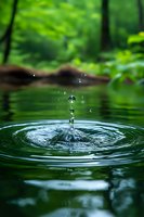 Water droplet creating ripples in forest pond with lush green foliage background capturing nature tranquility and peaceful environment for wellness concepts.