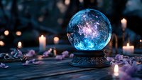 Mystical crystal ball glowing with blue and pink cosmic lights on ornate stand, surrounded by burning candles and scattered flower petals on dark wooden surface.
