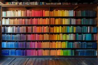 Colorful bookshelf with books arranged in rainbow spectrum order from red to blue, creating vibrant gradient display in home library.