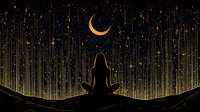 Silhouette of woman meditating under crescent moon with magical starfall background in gold and black colors, spiritual night scene for wellness and mindfulness.