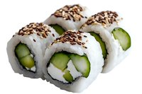 Fresh sushi rolls with cucumber, cream cheese, and sesame seeds on white background, close-up view of Japanese cuisine isolated for menu design.