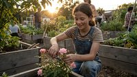 Young woman of mixed ethnicity tending to pink flowering plants in community garden raised bed during golden hour sunset, wearing denim overalls and striped shirt for gardening, sustainable agriculture and urban farming.
