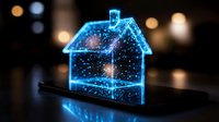 Digital holographic house projection on smartphone screen with glowing blue wireframe structure and particle effects for smart home technology concepts.