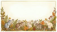 Watercolor autumn border with cute mice among fall foliage, berries, acorns, and ferns, with blank space for text or greeting cards.
