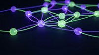 Abstract network connections with glowing purple and green nodes linked by bright lines on dark background for technology and data visualization concepts.