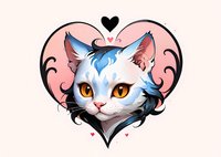 Adorable white and blue cat portrait in heart-shaped frame with decorative swirls, perfect for valentine cards, pet lovers merchandise and romantic designs on pink background.