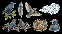 Colorful birds with feathers, nests, and botanical elements isolated on transparent background. Ready for t-shirt designs, clipart, stickers, sublimation, and print-on-demand projects.