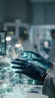 Scientist wearing black latex gloves holding glowing digital network connections in laboratory setting with blurred equipment background.