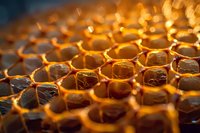 Fresh honeycomb cells filled with golden honey, illuminated with warm light creating glowing hexagonal pattern, macro photography showing natural organic texture.