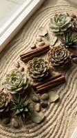 Zen garden arrangement with succulent plants, cinnamon sticks and smooth stones on textured sand surface for meditation and relaxation wellness concepts.