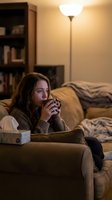 Young woman of mixed ethnicity sitting on couch at home, holding warm beverage, looking thoughtful while working on laptop. Cozy evening scene with warm lighting, tissue box nearby, suitable for wellness, remote work, lifestyle content.