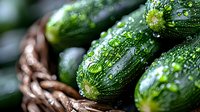 Fresh wet cucumbers with water drops in rustic woven basket. Close up view of organic vegetables showing texture and natural moisture for healthy eating.