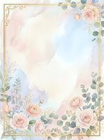 Elegant floral border frame with soft pink roses, lavender blooms, and eucalyptus leaves on watercolor background. Gold ornamental corners. Isolated design ready for invitations, cards, and wedding stationery projects.
