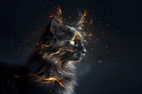 Mystical black cat profile with glowing particles and golden light effects against dark background, dramatic artistic pet portrait with ethereal atmosphere.