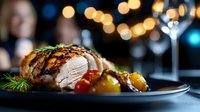 Juicy grilled chicken breast with herbs, cherry tomatoes and roasted vegetables on dark plate against blurred restaurant lights and stemware background.