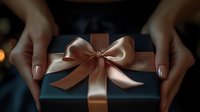Hands holding dark blue gift box with bronze satin ribbon bow, festive present for holidays, celebrations, birthdays, and special occasions.