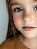 Close up portrait of young girl with green eyes, freckles and natural makeup wearing brown sweater against light background. Gentle smile and innocent look.