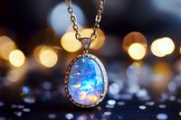 Elegant opal pendant necklace with blue and rainbow iridescence on gold chain against blurred bokeh lights background, macro jewelry photography.