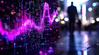 Digital financial chart glowing in neon pink against urban night scene with blurred male silhouette, reflecting modern market data visualization and technology.