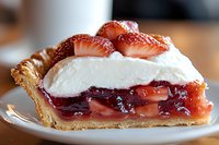Fresh strawberry pie slice with whipped cream topping and flaky golden crust, layered with sweet berry filling and fresh fruit garnish on white plate.
