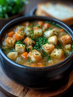 Hearty vegetable soup with potatoes, carrots and fresh herbs in black bowl on wooden table. Homemade comfort food for cold weather dining and nutrition.