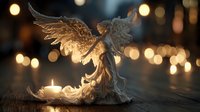 Ethereal angel statue with outstretched wings holding glowing candle against warm bokeh lights background creating peaceful spiritual atmosphere.