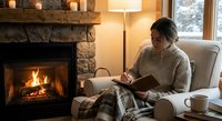 Young Caucasian woman in cozy sweater reading book by fireplace in comfortable living room with warm lighting and plaid blanket during winter evening.