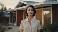 Asian woman in beige business attire standing confidently in front of modern suburban house during golden hour, expressing success and achievement in real estate.