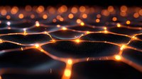 Glowing orange network connections on dark background with particle wave effect, abstract technology visualization for digital transformation concepts.