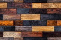 Rustic wooden wall made of multicolored rectangular blocks featuring rich dark, natural, and honey-toned wood pieces arranged in horizontal rows creating textural pattern.