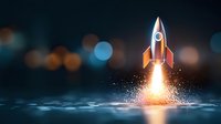 Glowing rocket launching from reflective surface with bokeh background and bright flame thrust, symbolizing business startup and innovation success.