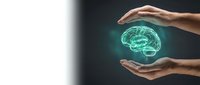 Hands protecting glowing green brain hologram representing mental health care, neuroscience research, artificial intelligence and cognitive protection concepts.